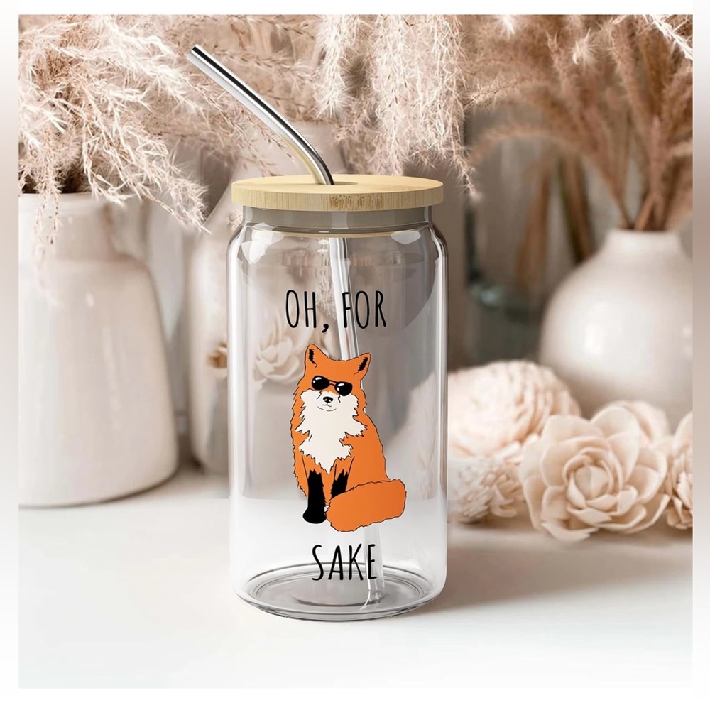 Funny Fox 16 oz Iced Coffee Cup with Bamboo Lids and Straws NIB